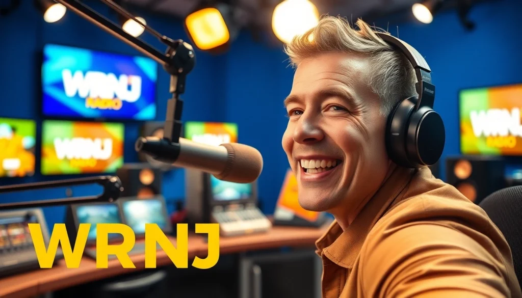 Engaging scene of a host broadcasting live on WRNJ Radio with vibrant studio elements.