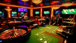 Experience the thrill of gaming at https://89bet.vegas/ with players enjoying a blackjack table and roulette wheel.