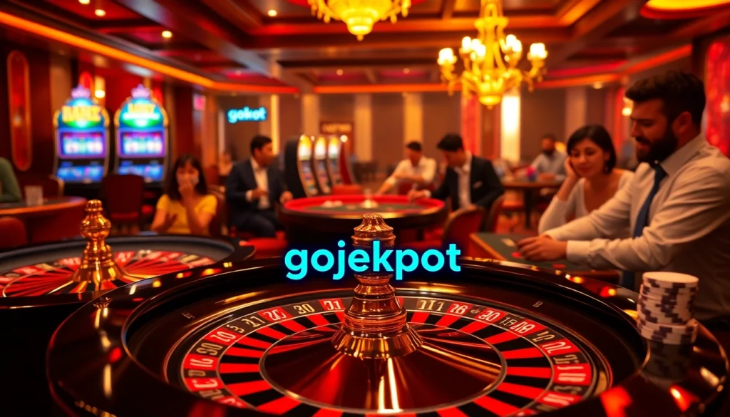 Experience the thrill of gojekpot gaming with vibrant casino elements like roulette and poker chips.