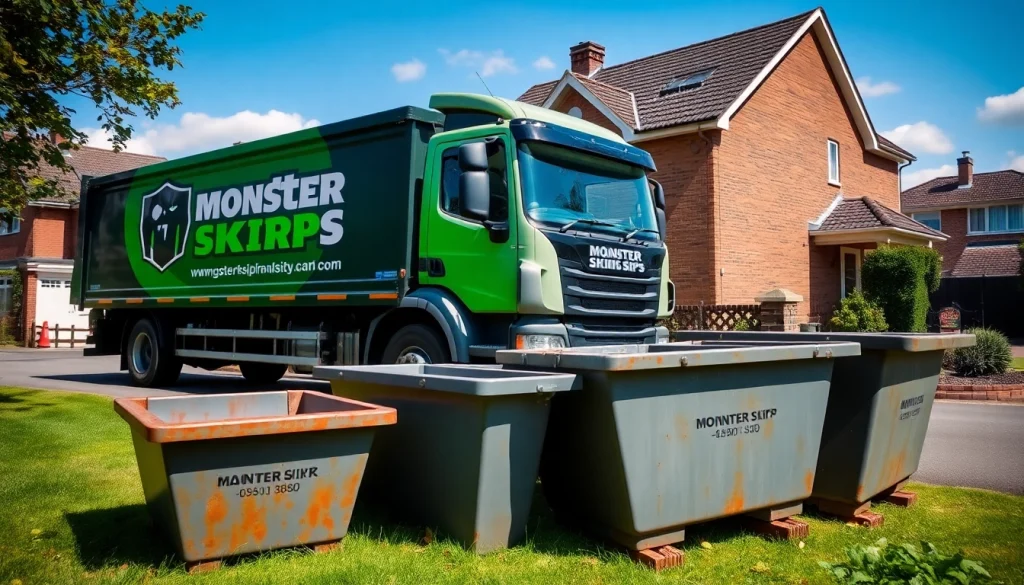 Arrange multiple sizes of Monster Skips for efficient waste disposal in a residential setting.