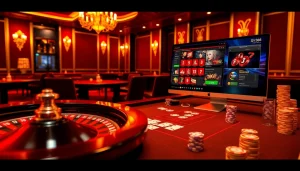 Experience high-stakes gaming at sv388 with a vibrant casino scene showcasing roulette, cards, and poker chips.
