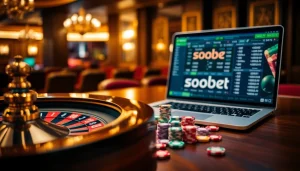 Engaging sbobet online betting scene with poker chips and a roulette wheel.
