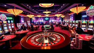 Players celebrating wins at MB66 casino with vibrant poker chips and roulette wheel.