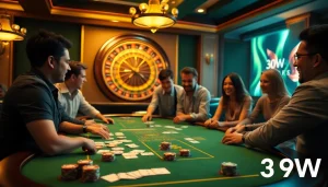 Experience the thrill of 399W with a vibrant online casino atmosphere featuring poker chips and roulette.