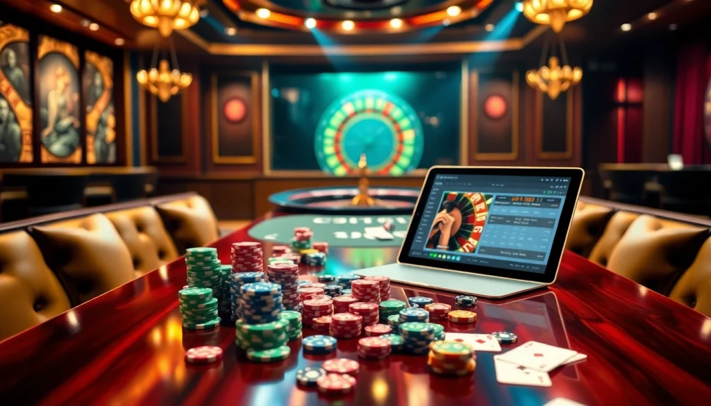 Engaging scene of u888 online casino with vibrant tables, chips, and roulette wheel.