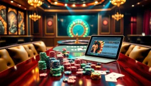 Engaging scene of u888 online casino with vibrant tables, chips, and roulette wheel.