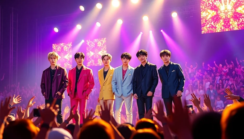 BTS members performing live on stage, showcasing their vibrant energy and unity.