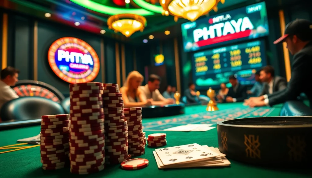PHTAYA players strategizing over a high-stakes poker table with chips and cards.