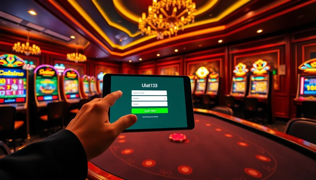 Experience the thrill of ulat123 login at a luxurious casino with poker chips and slot machines.