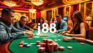 Experience high-stakes gaming at j88 with vibrant chips and intense players at a casino table.
