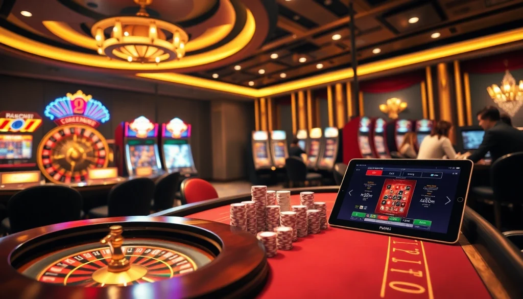 Experience the premium S8 gambling atmosphere with vibrant slots and an elegant roulette wheel.