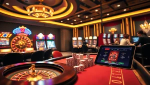 Experience the premium S8 gambling atmosphere with vibrant slots and an elegant roulette wheel.
