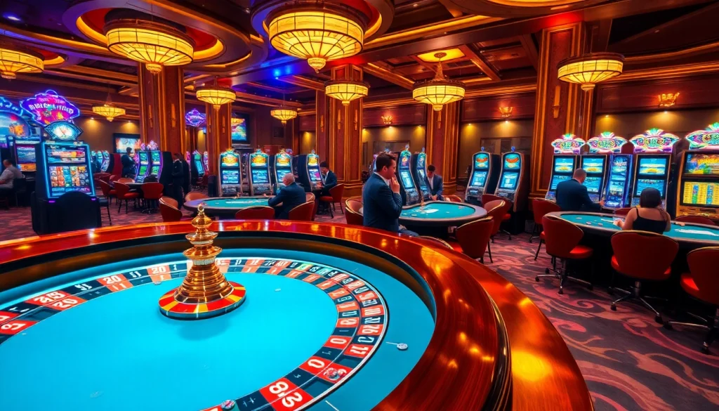 Experience the thrill of gambling at https://x88ni.com/ with players enjoying card games, roulette, and vibrant slot machines.