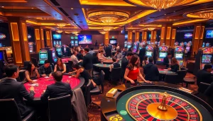 Players at Go8 casino tables enjoying high-stakes excitement with vibrant chips and roulette wheels.