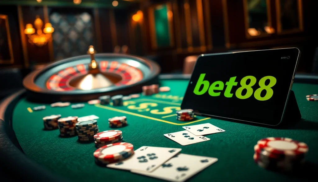 Exciting poker gameplay at a Bet88 casino table featuring vibrant chips and cards.