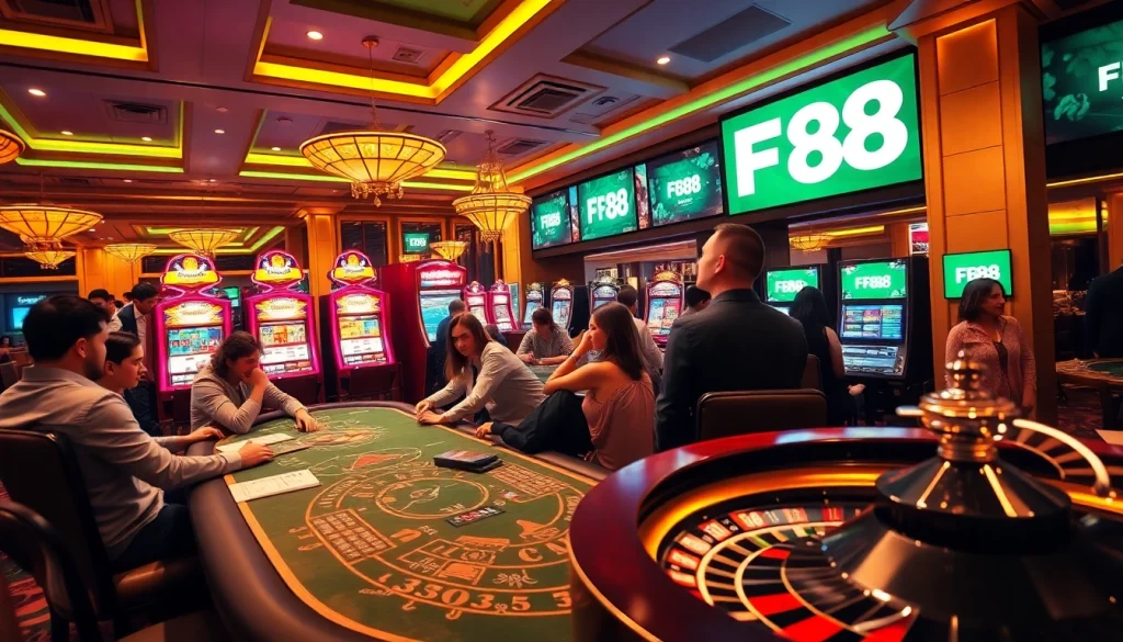 Engaged players enjoying casino games at FB88, showcasing a vibrant gambling atmosphere.