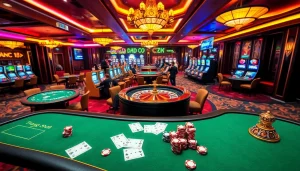 Exciting gaming scene at trang chủ NK88 with poker tables, roulette, and slot machines.