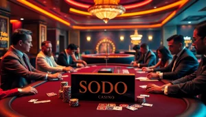 SODO Casino players engaging intensely at a high-stakes poker table with vibrant gaming elements.
