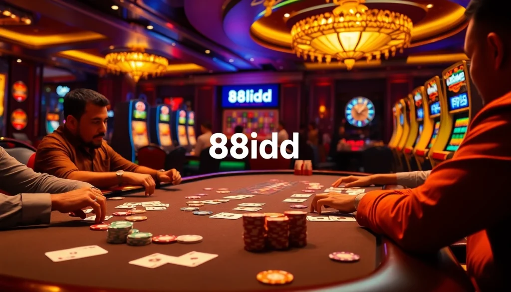 Experience the thrill of 88idd at a luxurious casino with intense poker action and vibrant gaming elements.