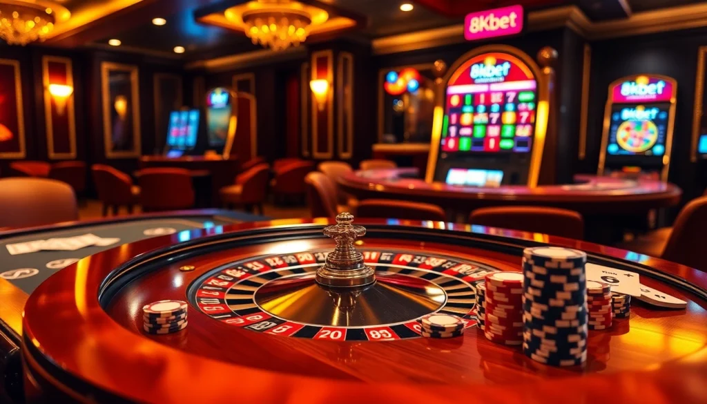 A lively gaming table showcasing poker chips and cards in a luxurious casino, highlighting the excitement of 8kbet.