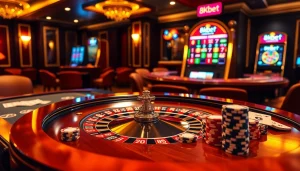 A lively gaming table showcasing poker chips and cards in a luxurious casino, highlighting the excitement of 8kbet.