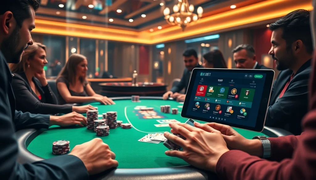 Experience the thrill of 8xbet with a vibrant casino gambling scene featuring poker tables and chips.