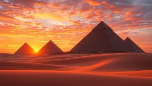 Uncovering the intricate structures of the piraminds against a stunning sunset backdrop.