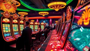 Experience the thrill of slot pulsa gaming with vibrant machines and excited players.