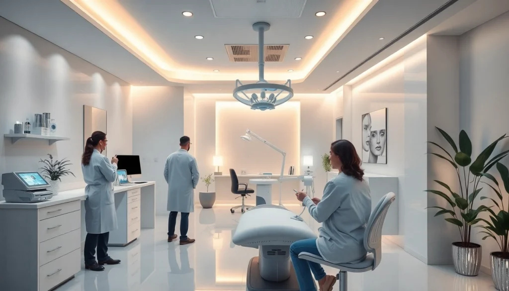 現代的で落ち着いた雰囲気のクリニックを背景に、専門家とクライアントがいる美容整形クリニックおすすめ口コミ＆評判情報。