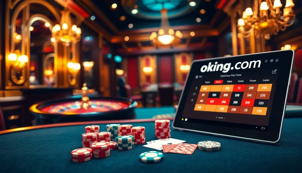 Experience the excitement of gambling at okking com with vibrant casino tables and colorful poker chips.