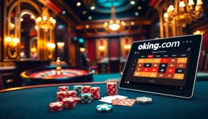 Experience the excitement of gambling at okking com with vibrant casino tables and colorful poker chips.