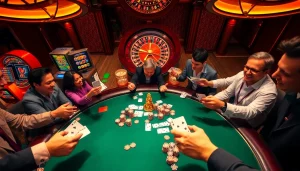 Excited players engaging in high-stakes gaming at MV66.com casino, featuring vibrant poker table and roulette wheel.