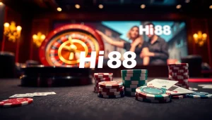 Engage in the thrilling world of Hi88 casino with poker chips and a roulette wheel.