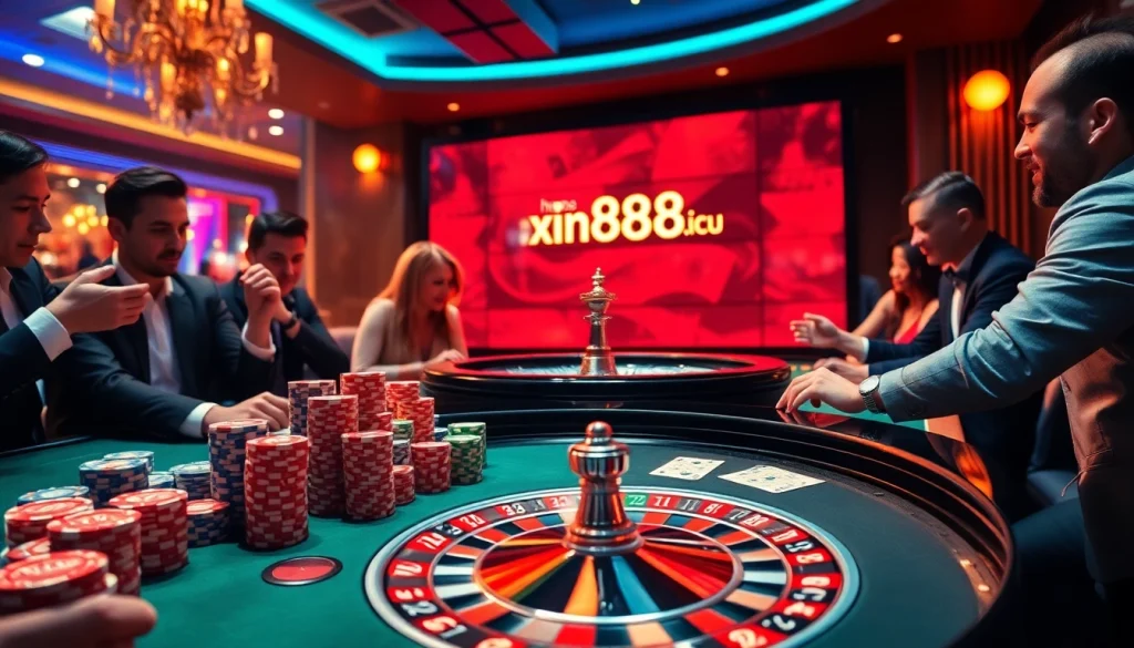 The thrill of poker action with chips and cards at https://xin88.icu/ showcasing a vibrant casino atmosphere.