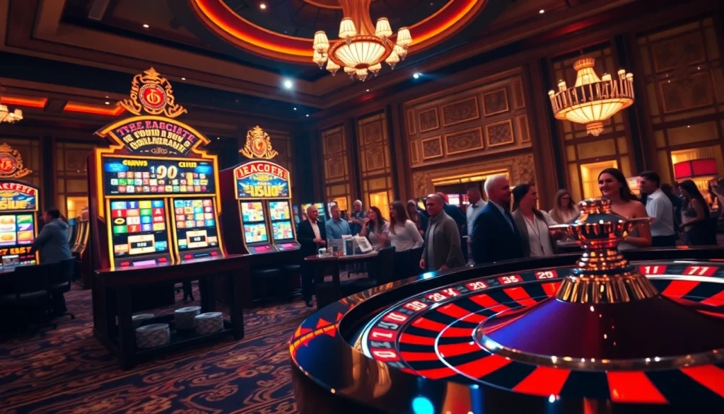 IDNSlot players engaging with vibrant slot machines and poker chips in a luxurious casino setting.