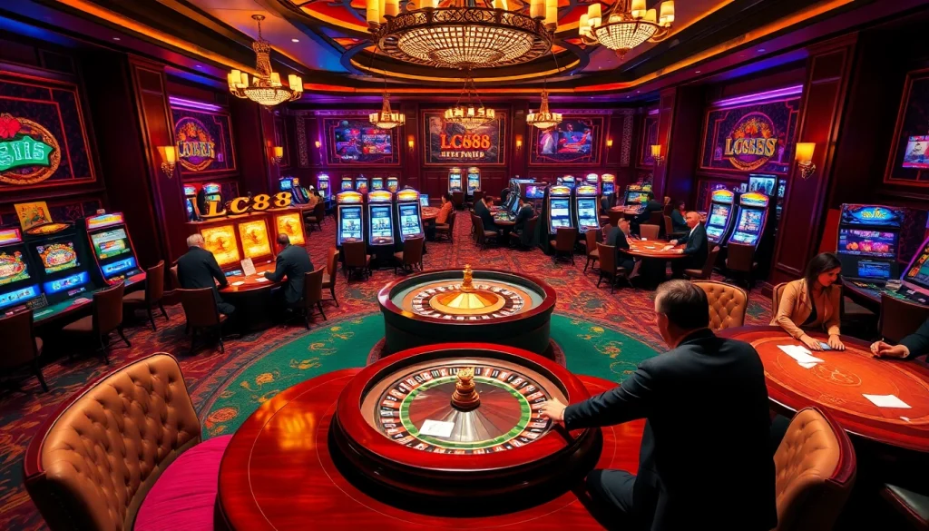 LC88 vibrant casino scene featuring poker tables and a spinning roulette wheel