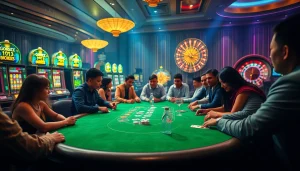 Experience the thrill of gojekpot at a luxury casino table with engaged players strategizing their next bets.