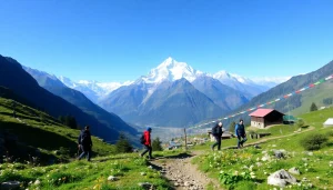 Trekkers on the Manaslu Circuit Trek enjoying stunning views of Mount Manaslu and vibrant landscapes.