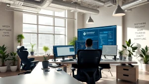Engaging software development scene showcasing the 1cplatform interface on multiple screens.