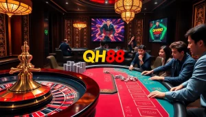 Players enjoy a thrilling gambling experience at QH88 Casino, with vibrant chips and roulette.