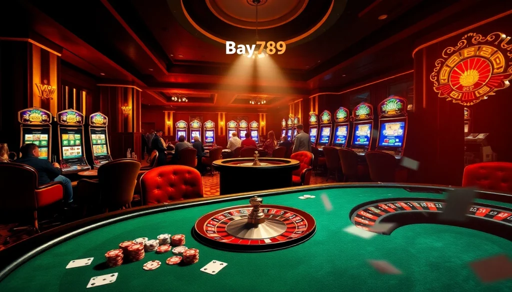Players enjoying high-stakes games at the Bay789 casino table, surrounded by vibrant slot machines.