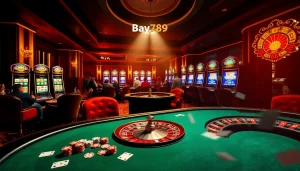 Players enjoying high-stakes games at the Bay789 casino table, surrounded by vibrant slot machines.