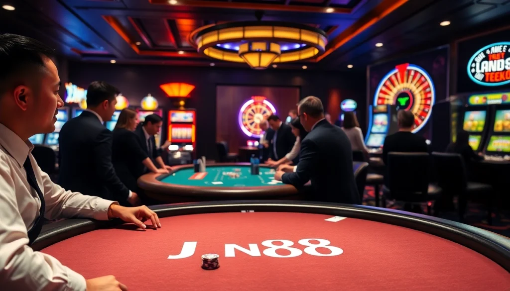 Experience the thrill of Jun88 at an elegant casino with poker and roulette games.