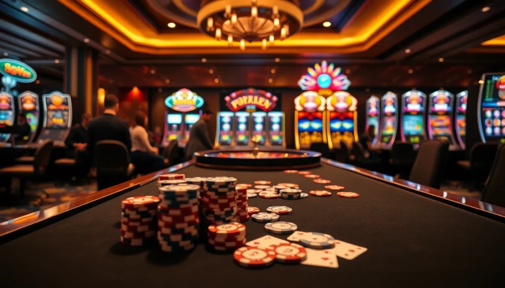 Engage in exciting gameplay at 68VIP's luxurious casino table showcasing cards and poker chips.