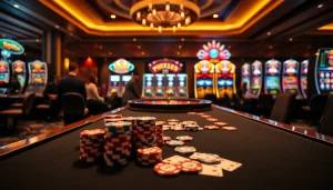 Engage in exciting gameplay at 68VIP's luxurious casino table showcasing cards and poker chips.