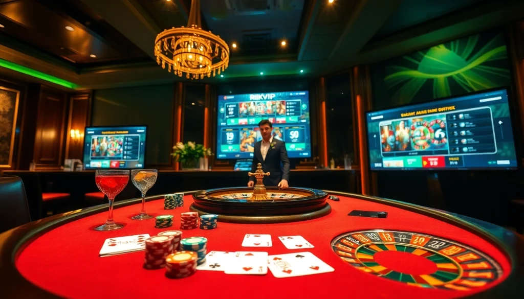 Experience the excitement of rikvip with elegant gaming tables and vibrant casino elements.