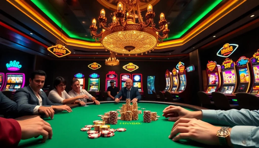Intense poker action at a luxury casino featuring hm88-themed chips and vibrant slot machines.