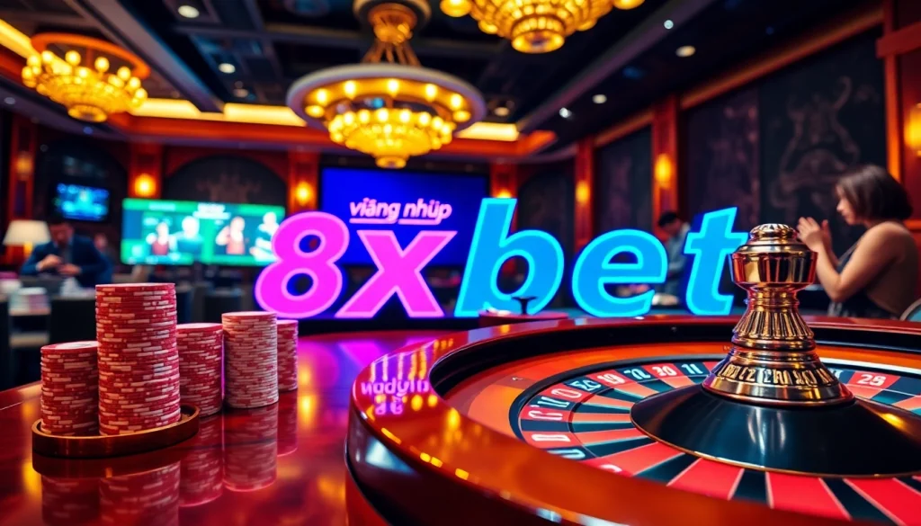 Exciting online gambling scene showcasing đăng nhập 8xbet with poker chips and roulette.