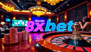 Exciting online gambling scene showcasing đăng nhập 8xbet with poker chips and roulette.