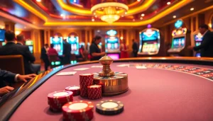 A thrilling Lc88 online gambling experience with vibrant casino tables and excited players.